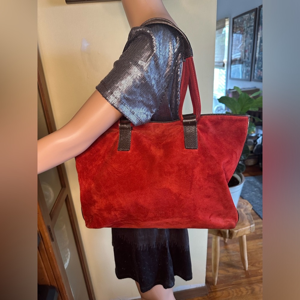 Claudia Firenze Red Suede Leather Italy Brown Leather Trim Shoulder Bag